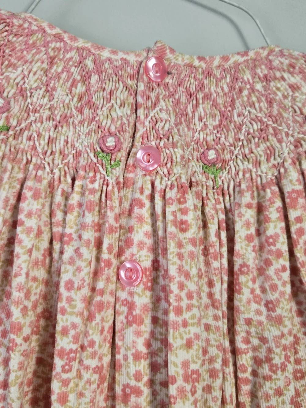 Remember Nguyen Size 8 Pink Floral Hand Smocked Bishop Puff Sleeve Cotton Dress